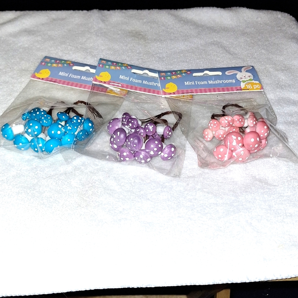 Foam mushrooms, 3 new packages pink, blue, and purple- 16 pieces in each package